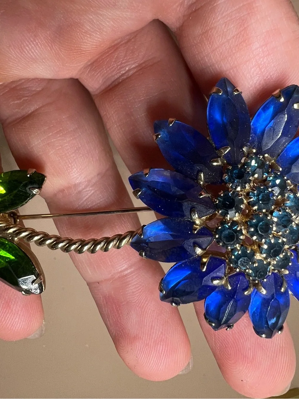 WEISS Signed Blue and Green Floral Crystal Brooch